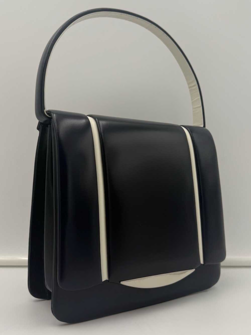 🚂Kintetsu of Japan • Navy & White Box Calf Top-Handle 20 Bag w/ Silver Hardware